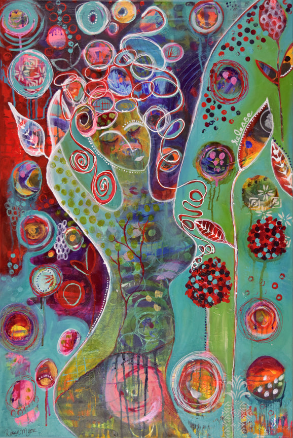colorful mixed media ink painting of feminine woman with wild curly hair