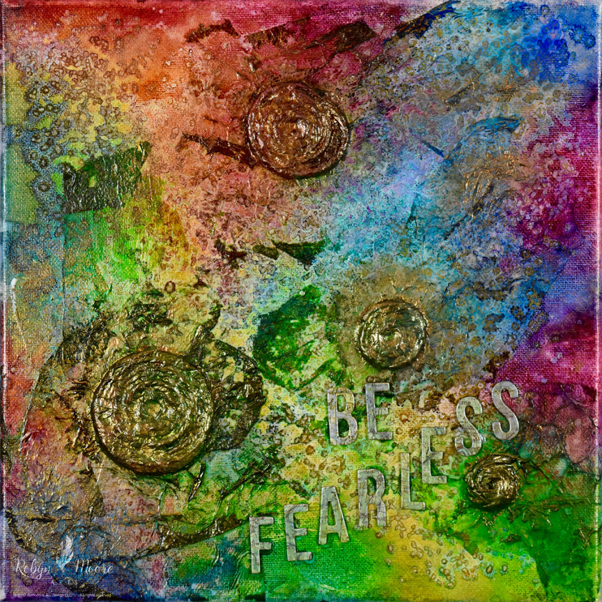 vibrant abstract mixed media rainbow colored acrylic painting underlying rope circles interesting texture
