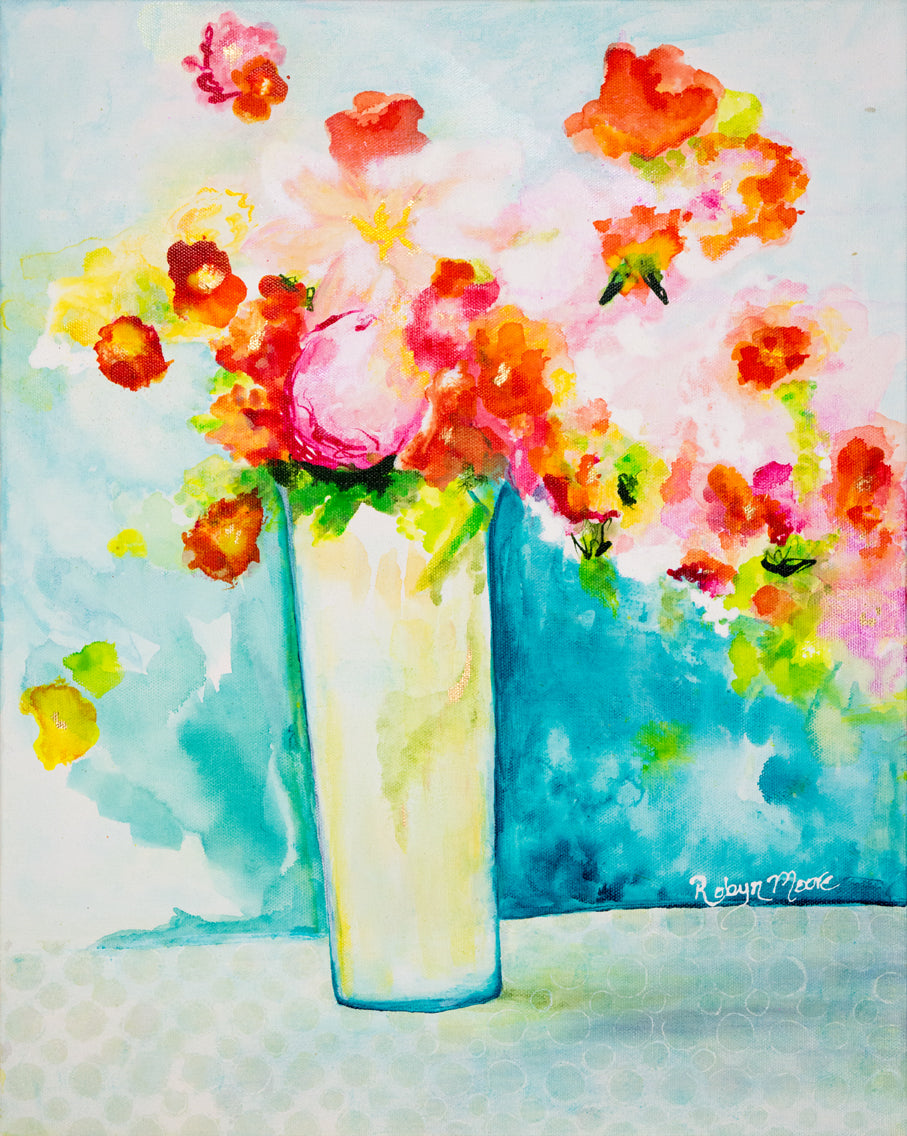 vase of colorful flowers sitting on a table hand drawn ink details