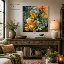 Living room with a console table, decorative items, and a floral painting.