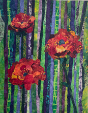 Floral fabric mixed media wall art with layered red flowers and vertical abstract green and purple background