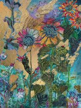 Mixed media floral wall art with textured flowers, gold leaf accents, and vibrant botanical composition
