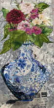 Floral still life wall art in fabric layered collage arrangement and blue Chinoiserie patterned vase on textured background 