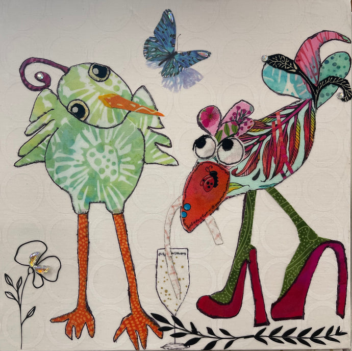 Whimsical textile bird art showing two playful birds with champagne, bright colors, and quirky details in a fun composition