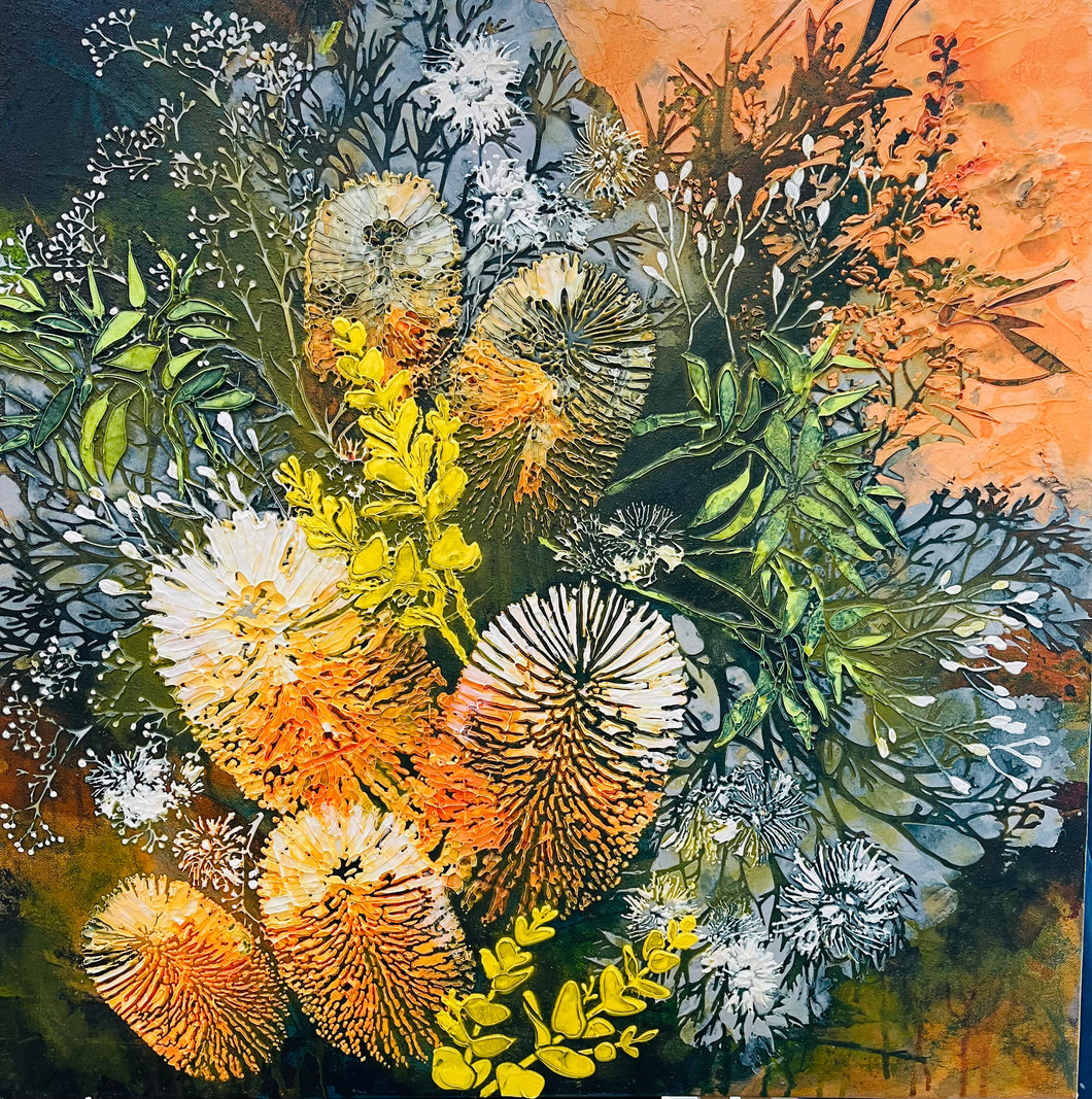 Textured botanical painting with layered organic forms in earthy greens, ochres, and creams with luminous highlights and natural patterns
