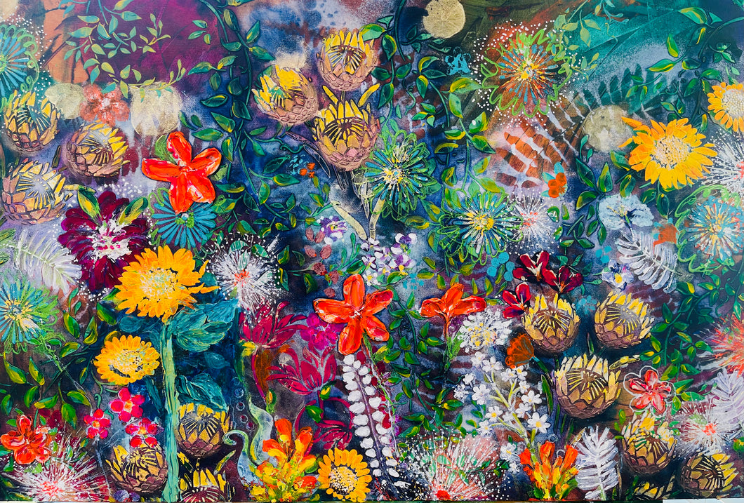 Colorful layered botanical painting filled with diverse flowers, foliage, and organic textures in vibrant, expressive detail