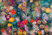 Colorful floral artwork with various flowers and leaves