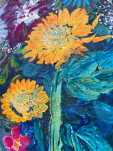 Close-up colorful painting of sunflowers with a dark background