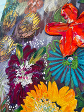 Close-up of a colorful floral painting with vibrant flowers and abstract elements.