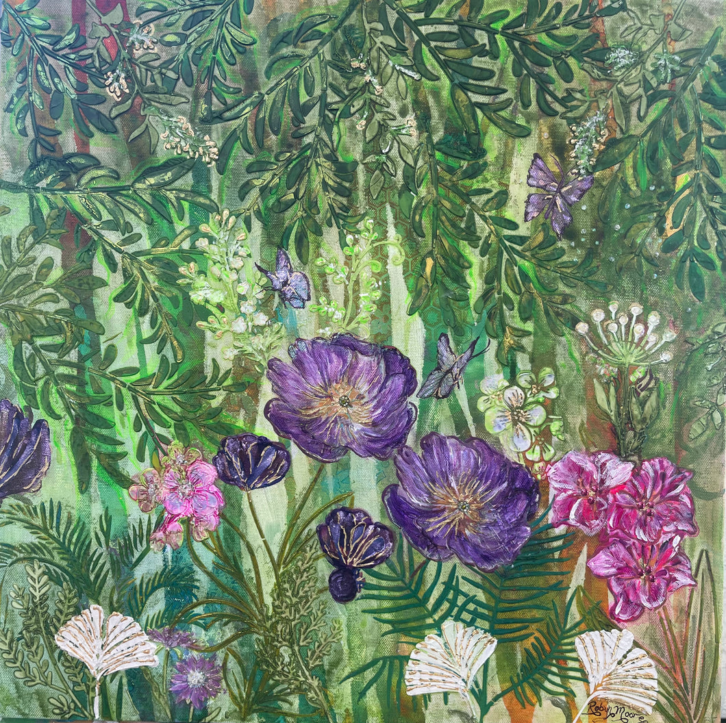 Lush green botanical painting with delicate purple and pink flowers, layered foliage, and a soft, natural garden atmosphere