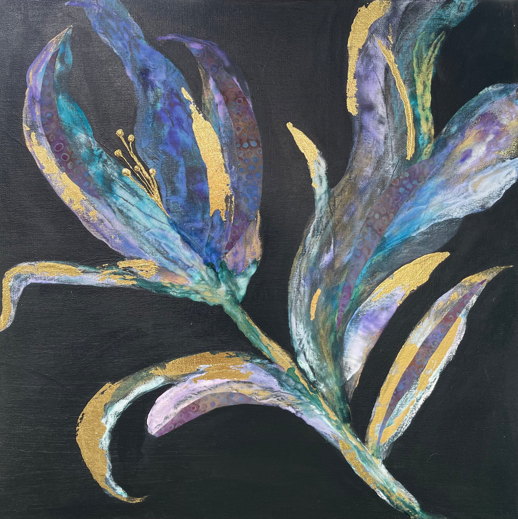 Elegant abstract botanical flower with blue and violet tones and gold leaf accents on a dark background