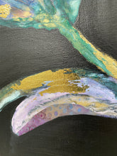 Abstract painting with gold, green, and purple elements on a black background
