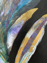 Abstract art piece with gold, blue, and purple colors on a black background