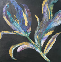 Abstract painting of floral elements with blue, green, and gold on a dark black background