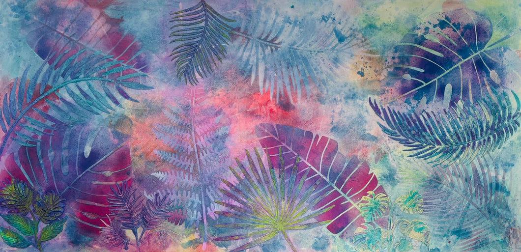 Abstract botanical painting with layered tropical leaves in soft blended hues of blue, pink, and green creating an airy, dreamy composition