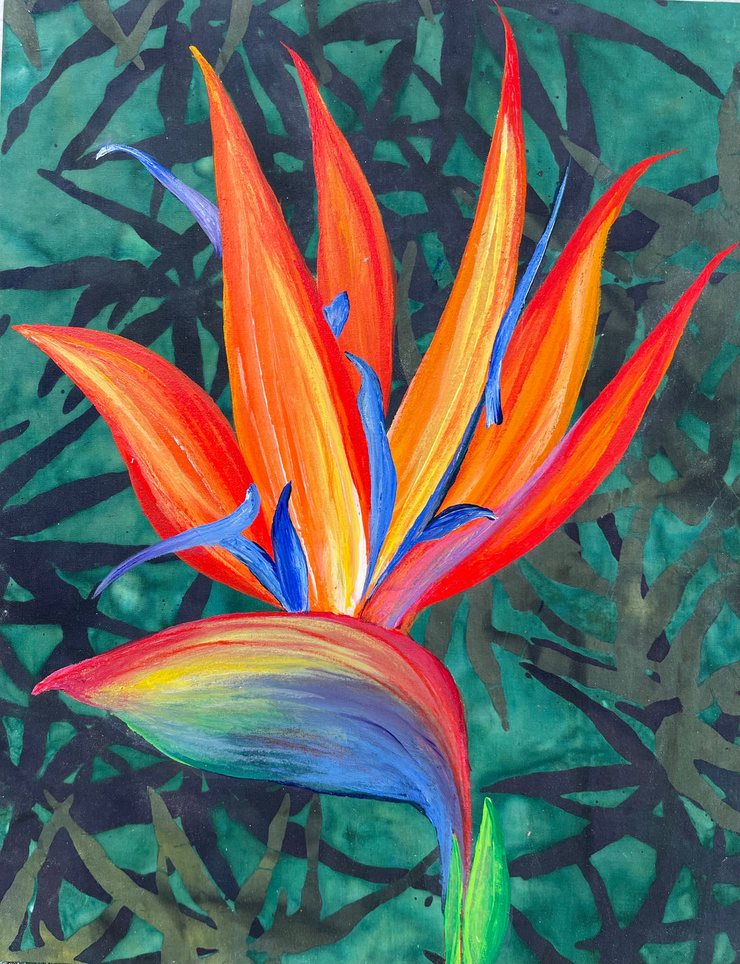 Colorful bird of paradise flower painting with vivid orange, red, and blue tones against a lush green abstract background