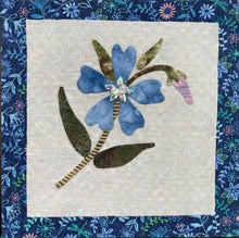 Soft blue textile floral artwork with crystal embellishment, part of the Inherited Blooms collection. Original mixed media fabric collage on birch panel.