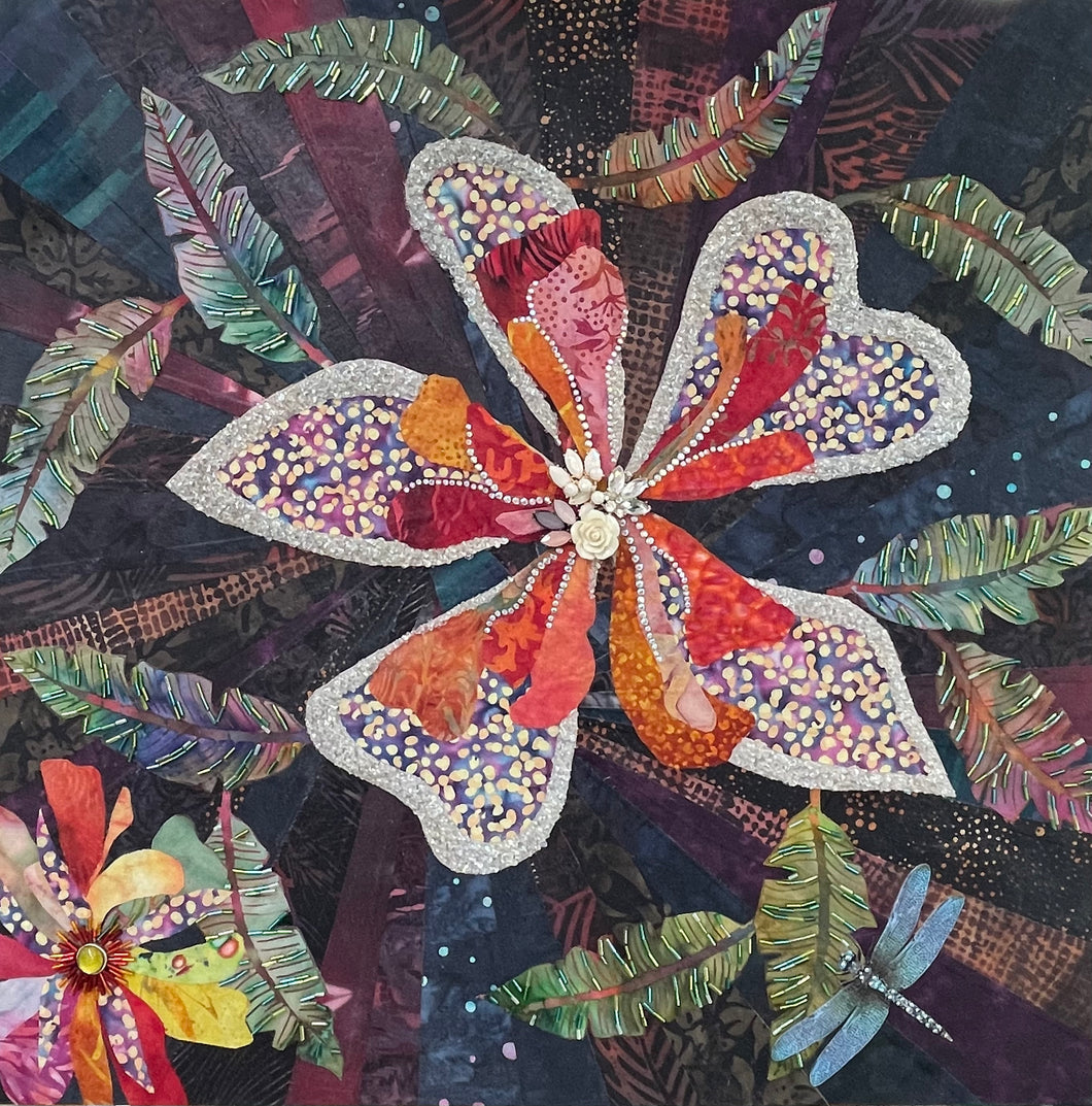 Dark floral wall art in fabric mixed media with layered petals, beadwork, and dimensional botanical detail on textured background