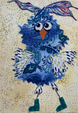 Whimsical blue owl fabric collage artwork with patterned wings and expressive eyes on an 8 x 8 birch panel