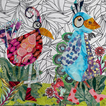 Whimsical fabric collage artwork of two birds moving together with colorful patterns and embellishments on an 8 x 8 panel