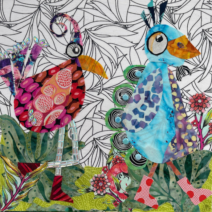 Whimsical fabric collage artwork of two birds moving together with colorful patterns and embellishments on an 8 x 8 panel