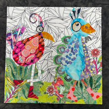 Colorful quirky bird art piece with intricate patterns on a white and black background