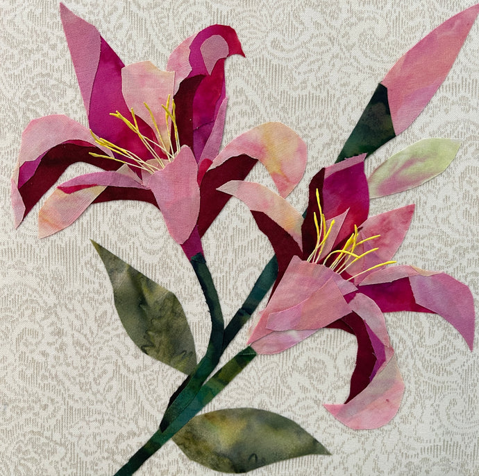 Fabric flower artwork with two soft pink and burgundy blossoms on 8x8 panel with layered textiles and green stems