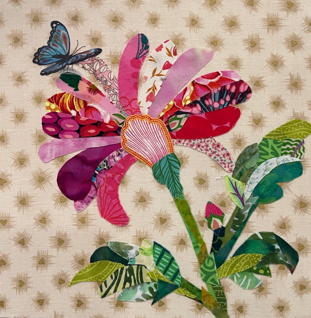 Pink fabric flower artwork with layered petals, green leaves, and butterfly accent on 8x8 panel