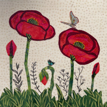 8 x 8 fabric collage artwork with red flowers, bead accents, green stems, and butterfly detail on neutral patterned background