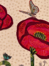 close-up of beading and butterfly of red poppy flower