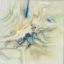 Tidal Veil framed resin artwork with iridescent pearl, gold, blue, and blush pigments creating flowing abstract movement and luminous depth.