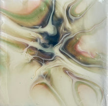 Quiet Tide resin artwork featuring soft luminous pearl, gold, blue, and soft green color-shifting pigments flowing across a glossy abstract surface in a floating frame.