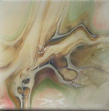 Shifting Current soft abstract resin artwork with flowing luminous pearl, blue, gold, and green pigments in a gold floating frame.