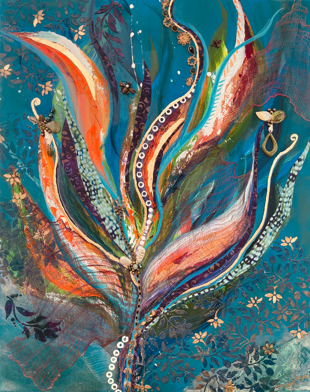 Original botanical mixed media artwork 24x30 inches, large upward bloom in teal orange and plum fabric with gold foil edges, threaded with found jewelry, gallery wrapped canvas, Floral Botanical Collection, Robyn Moore Arts