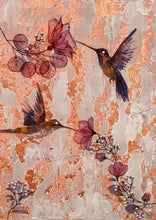 Original hummingbird mixed media artwork 5x7 inches, two watercolor image transfer hummingbirds visiting pink blossoms on crackled copper foil background with Swarovski crystal branch detail, birch panel, Golden Hour Collection, Robyn Moore Arts