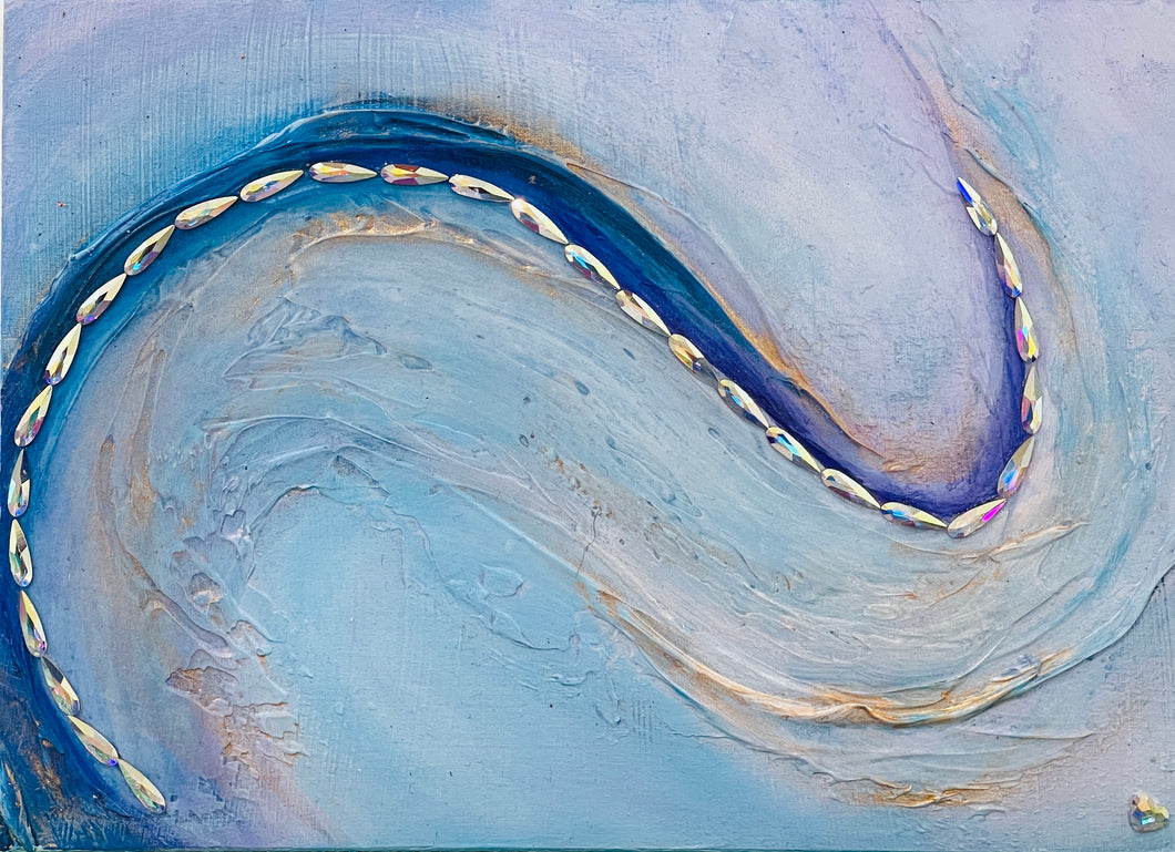 Original abstract mixed media artwork 5x7 inches, deep blue sweeping form traced in Swarovski crystals over textured powder blue and lavender ground with gold veining, birch panel, Where Color Takes Root Collection, Robyn Moore Arts