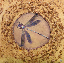 Original dragonfly mixed media artwork 6x6 inches, paper dragonfly with Swarovski crystal eyes resting in a smooth clearing within a coarse gold foil and metal flake field, birch panel, Floral Botanical Collection, Robyn Moore Arts