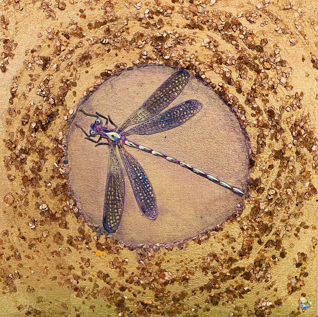 Original dragonfly mixed media artwork 6x6 inches, paper dragonfly with Swarovski crystal eyes resting in a smooth clearing within a coarse gold foil and metal flake field, birch panel, Floral Botanical Collection, Robyn Moore Arts