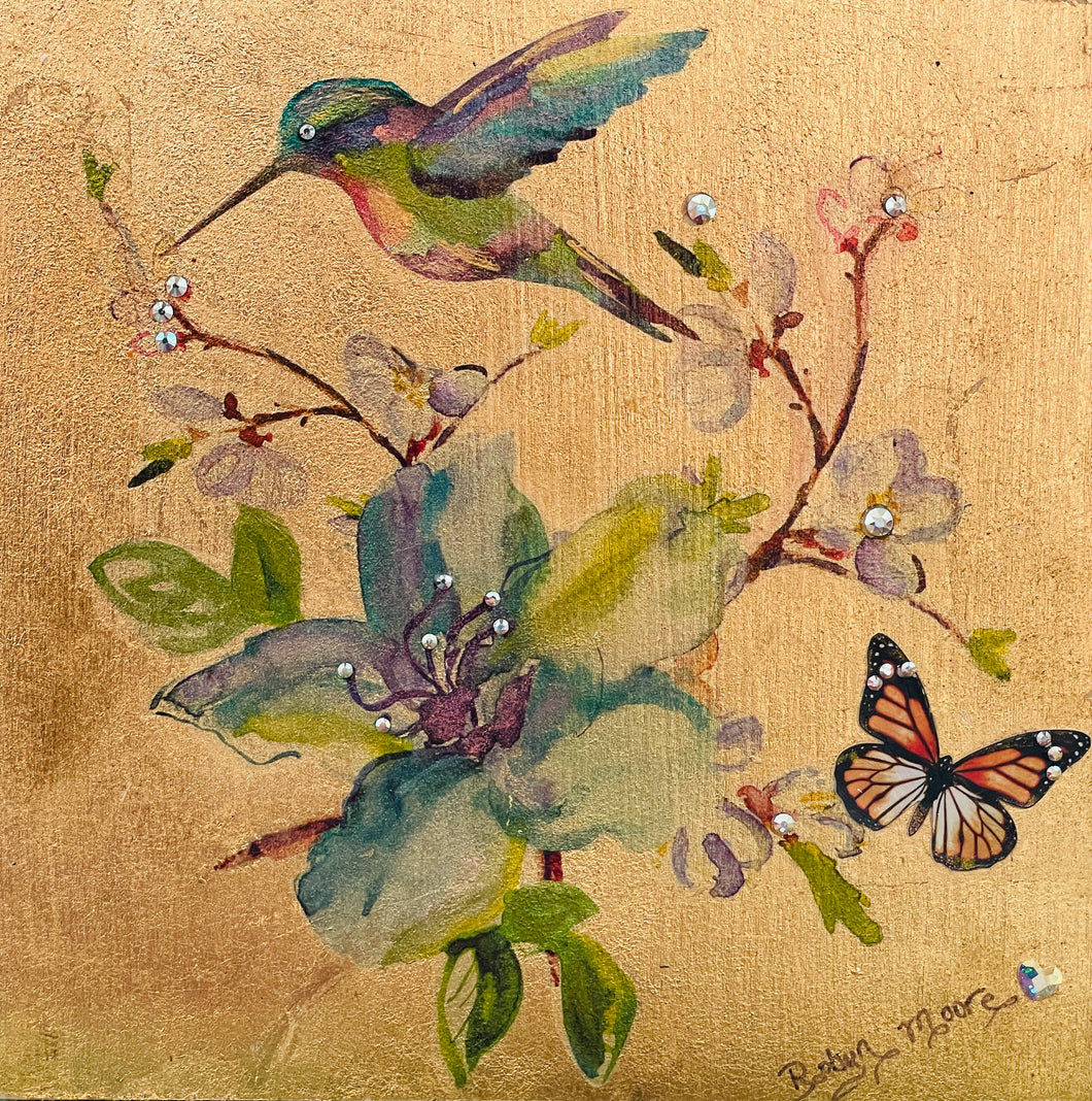 Original hummingbird mixed media artwork 6x6 inches, watercolor decal hummingbird and monarch butterfly on flowering branch with Swarovski crystal detail, solid gold foil background, birch panel, Floral Botanical Collection, Robyn Moore Arts