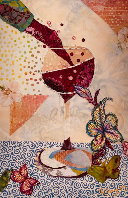 Original red wine fabric artwork 8x12 inches, dramatic wine pour from bottle into patchwork crimson burgundy magenta fabric wine glass Swarovski crystal wine drops teal gold crimson fabric butterflies fabric flowers blue swirl tablecloth patchwork background, birch panel, Whimsical Companions Collection, Robyn Moore Arts