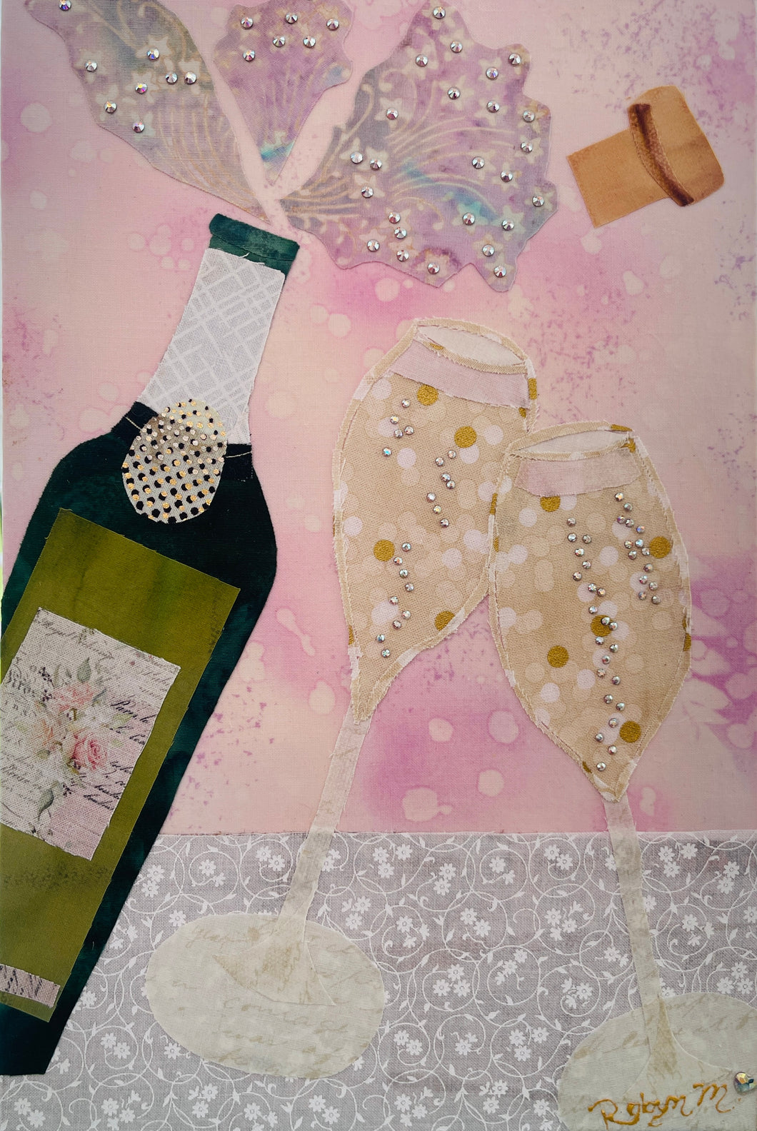 Original champagne fabric artwork 8x12 inches, champagne bottle in green olive fabric with vintage script label two gold polka dot flutes toasting Swarovski crystal bubbles fabric champagne spray cork detail, soft pink batik bokeh background white floral dimensional ground, birch panel, Whimsical Companions Collection, Robyn Moore Arts