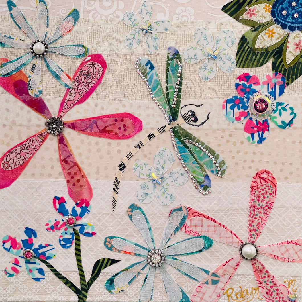 Original floral fabric artwork 8x8 inches, jeweled fabric flowers with pearl and rhinestone button centers surrounding a Swarovski crystal dragonfly, ivory striped background, birch panel, Floral Botanical Collection, Robyn Moore Arts