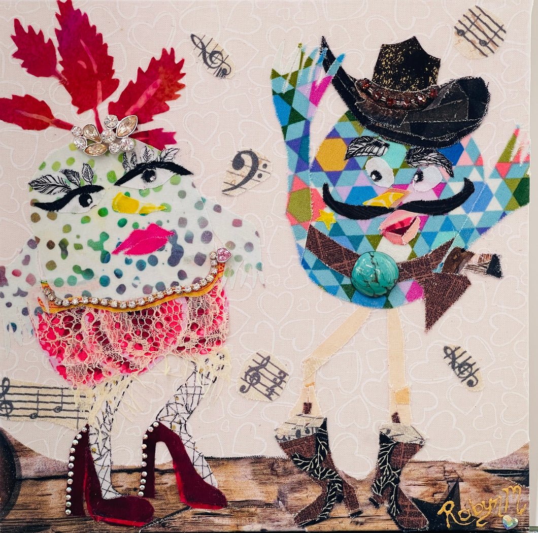 Original quirky bird duo fabric artwork 8x8 inches, glamorous bird with red leaf crown and rhinestone heels beside a cowboy bird in a jeweled hat, fabric music notes, birch panel, Whimsical Companions Collection, Robyn Moore Arts