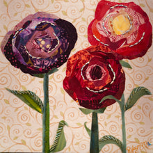 Fabric flower artwork with three layered blooms in red, coral, and purple tones  and Swarovski crystals on 8x8 panel with patterned background