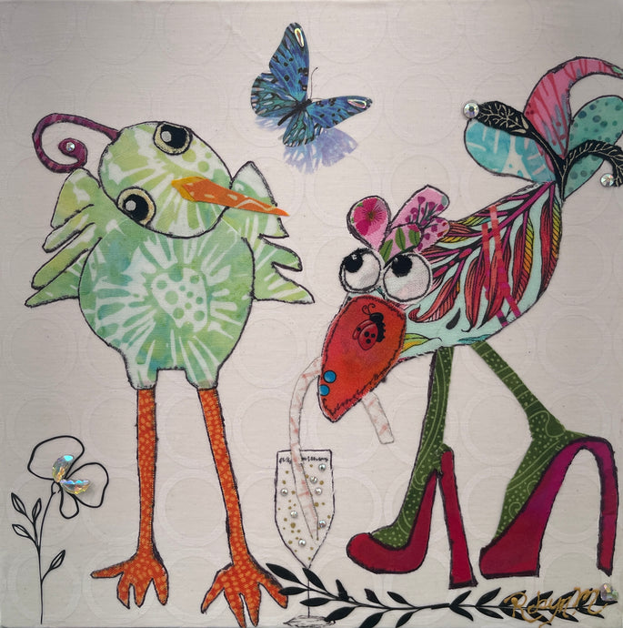 Whimsical textile bird art showing two playful birds with champagne, bright colors, and quirky details in a fun composition
