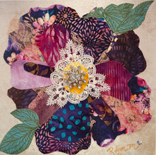 Original fabric flower artwork 8x8 inches, layered plum and magenta batik petals with gold mesh overlay, lace medallion, and Swarovski crystal center, framed, Floral and Botanical Collection, Robyn Moore Arts