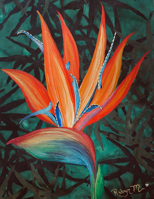 Colorful bird of paradise flower painting with vivid orange, red, and blue tones against a lush green abstract background