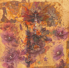 Original dragonfly mixed media artwork 8x8 inches, Swarovski crystal dragonfly body over a weathered gold leaf and watercolor image transfer ground with deep plum wildflowers, birch panel, Golden Hour Collection, Robyn Moore Arts