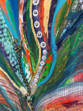 Close detail of found jewelry and Swarovski crystal chain woven through gold-leafed petals on Worn Treasure by Robyn Moore Arts, hand-dyed cheesecloth texture beneath acrylic paint