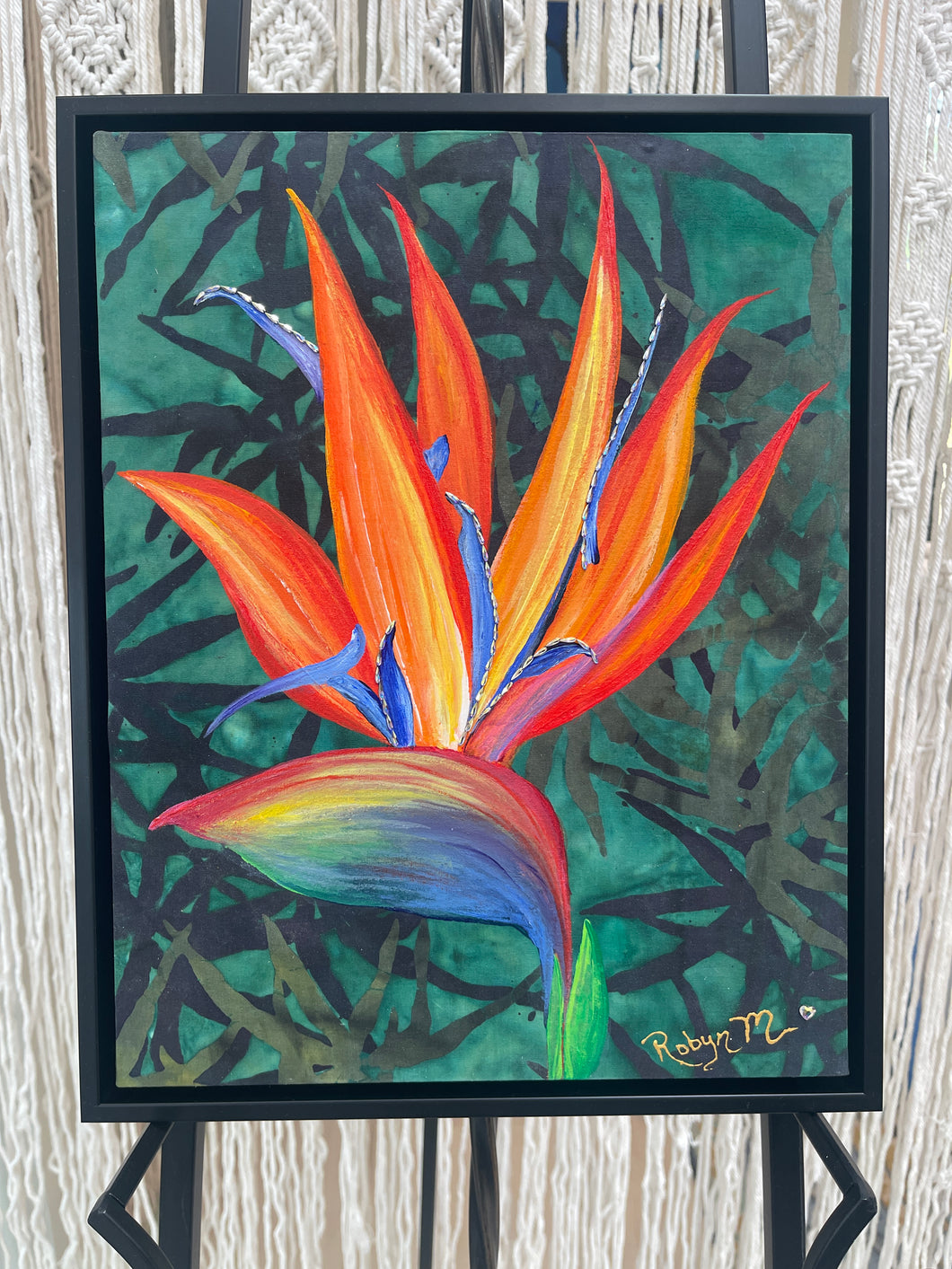 Original bird of paradise acrylic artwork 11x14 inches, fire orange and crimson petals with blue Swarovski crystal beaded petals, dark teal batik background, framed, Where Color Takes Root Collection, Robyn Moore Arts